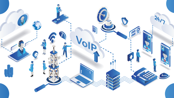 Graphical representation of how hosted VoIP service can be accessed in a business environment, symbols like cloud, telephone, data server, laptop, wifi, smartphones, globe can be seen.