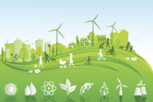 In an eco friendly environment, a set of buildings, some pedestrians, wind mill along with icons like sun, water drops, wind mill, leaf can be seen.